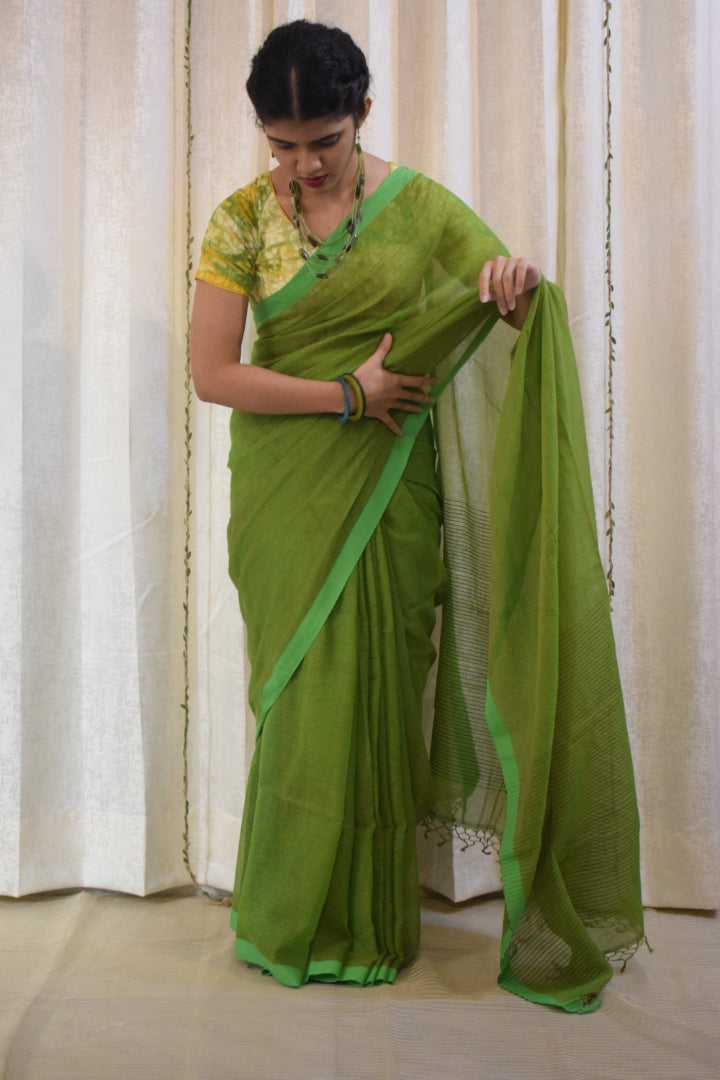 Jayita: Olive Green Khadi Cotton Saree