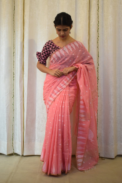 Sartha: Blush Pink Cotton Jamdani Saree