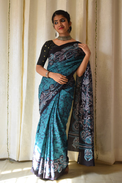 Madhavi: Teal Green Cotton Batik Saree