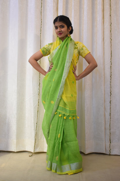 Aboli: Green Linen Jamdani Saree