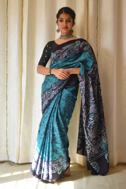 Madhavi: Teal Green Cotton Batik Saree