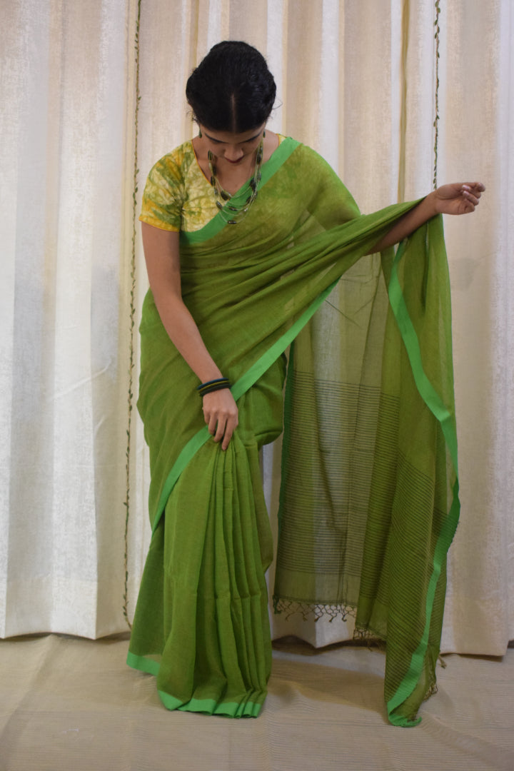 Jayita: Olive Green Khadi Cotton Saree