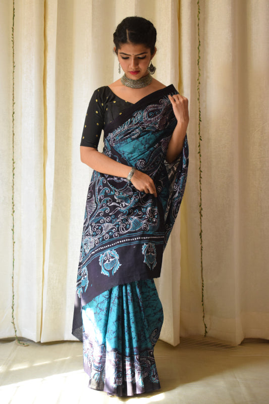 Madhavi: Teal Green Cotton Batik Saree