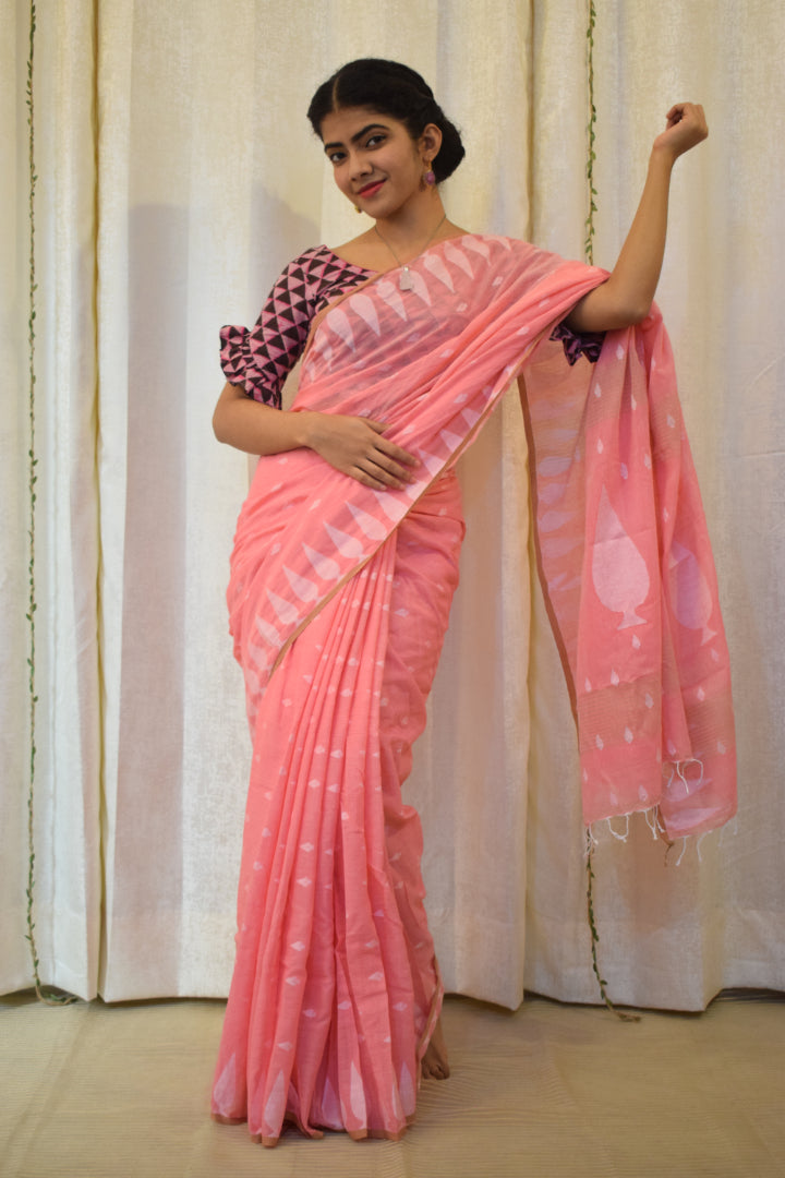 Sartha: Blush Pink Cotton Jamdani Saree