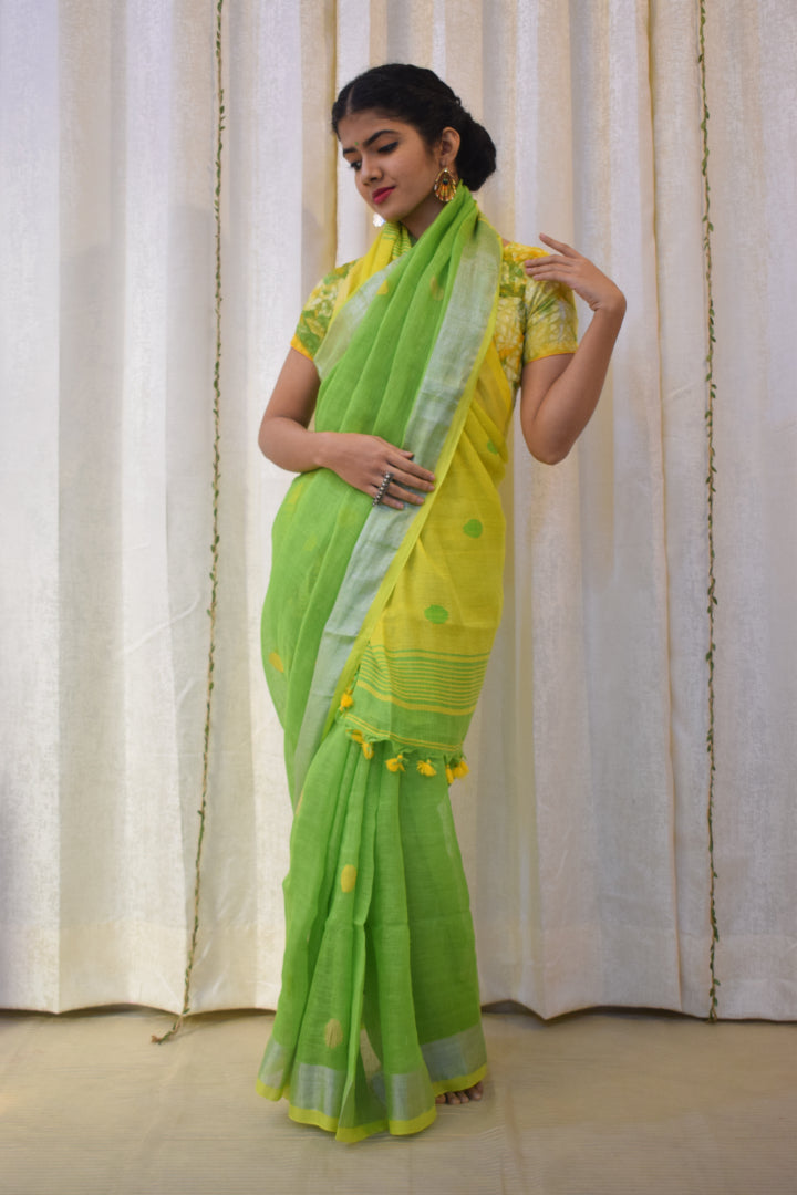 Aboli: Green Linen Jamdani Saree