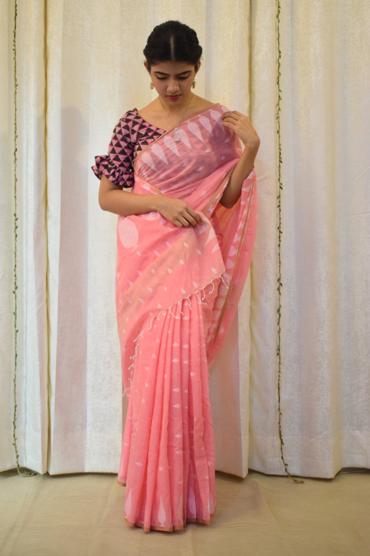 Sartha: Blush Pink Cotton Jamdani Saree