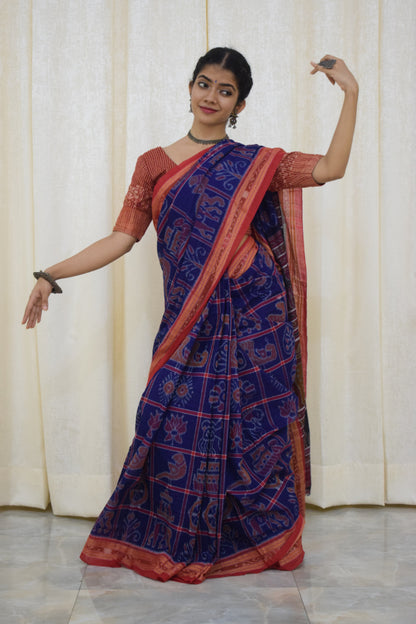 Takshvi: Dark blue Sambalpuri Nabakothi cotton saree