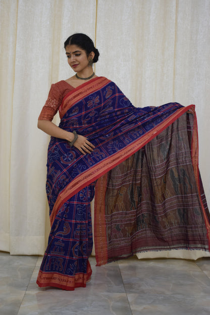 Takshvi: Dark blue Sambalpuri Nabakothi cotton saree