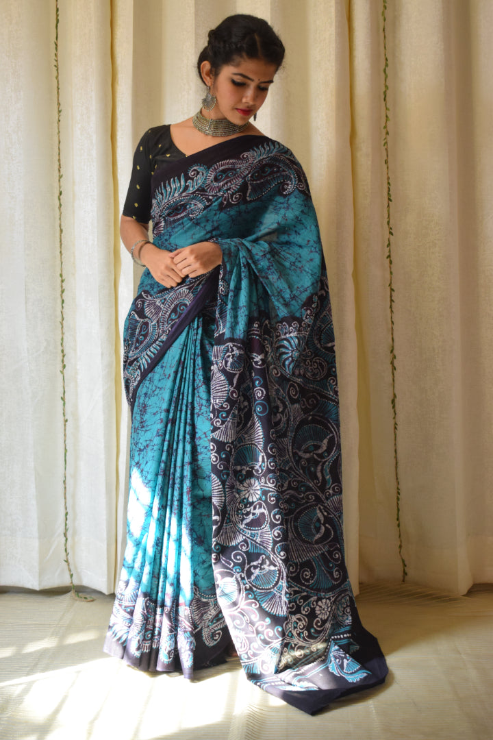 Madhavi: Teal Green Cotton Batik Saree