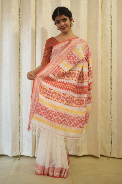 Aloka- White & Red Cotton Assamese Saree