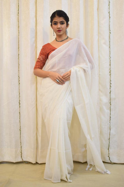 Saraswati: Pearl White Mulmul-Zari Stripes Saree