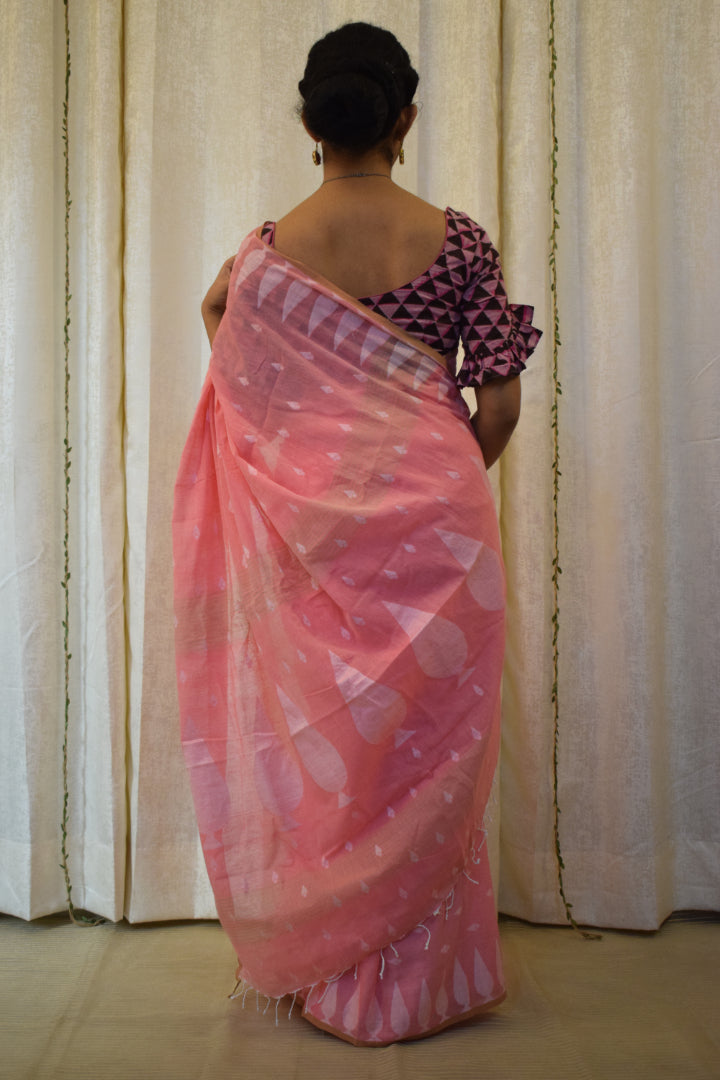 Sartha: Blush Pink Cotton Jamdani Saree