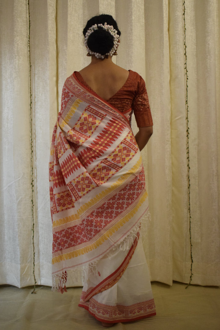 Aloka- White & Red Cotton Assamese Saree