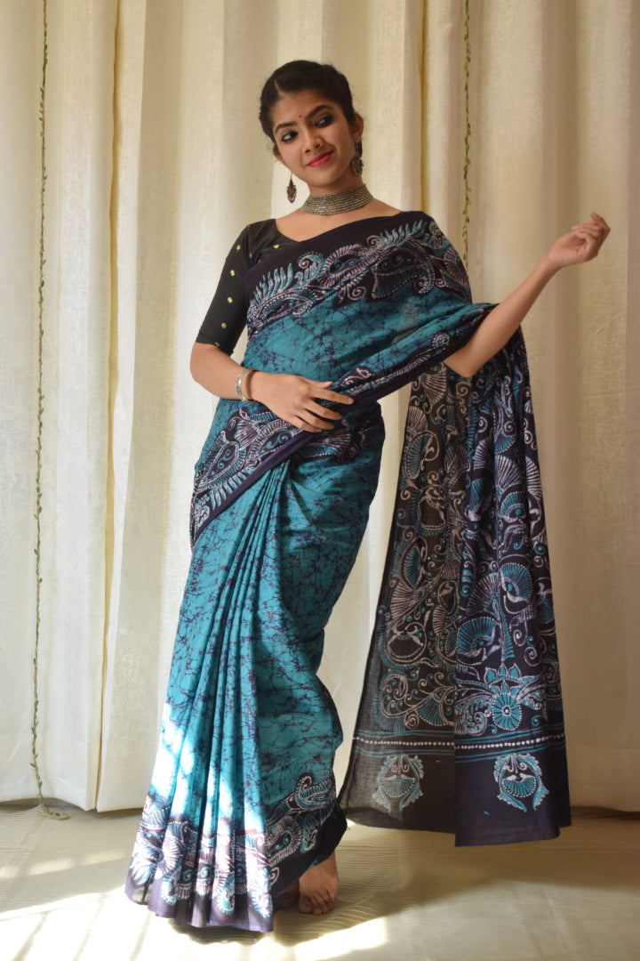 Madhavi: Teal Green Cotton Batik Saree