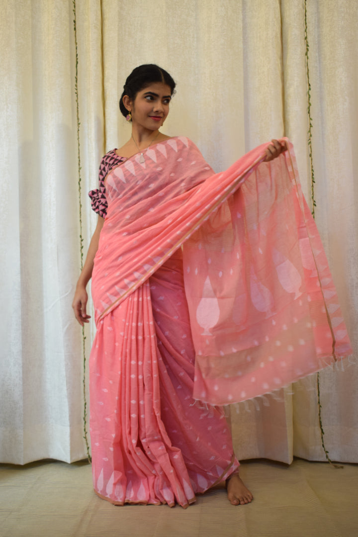 Sartha: Blush Pink Cotton Jamdani Saree