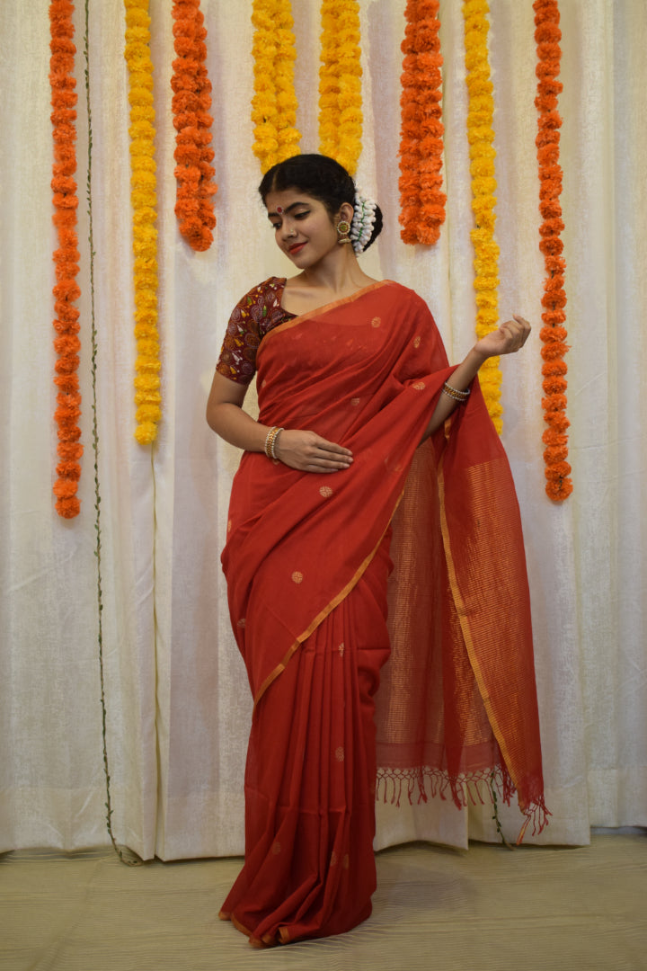 Kaushiki- Red Cotton Jamdani Saree