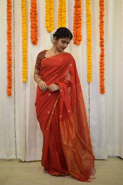 Kaushiki- Red Cotton Jamdani Saree