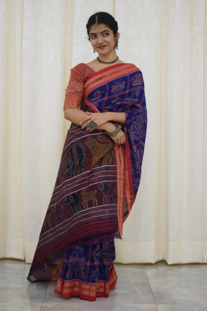 Takshvi: Dark blue Sambalpuri Nabakothi cotton saree