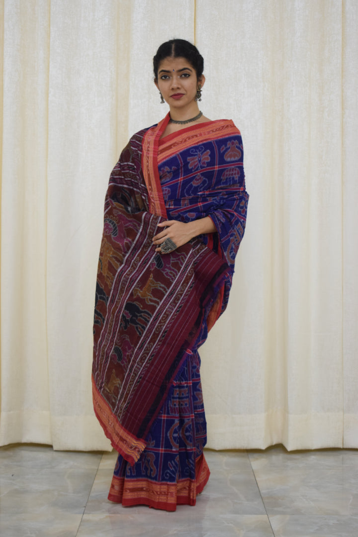 Takshvi: Dark blue Sambalpuri Nabakothi cotton saree