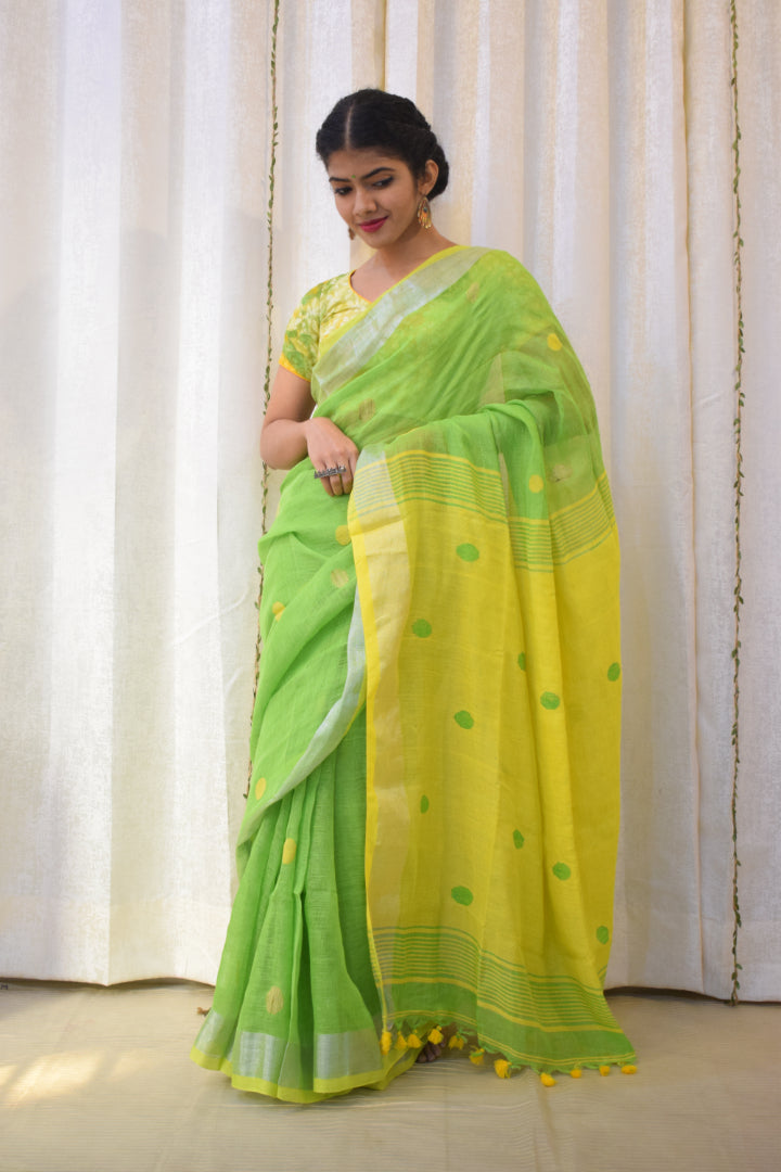 Aboli: Green Linen Jamdani Saree