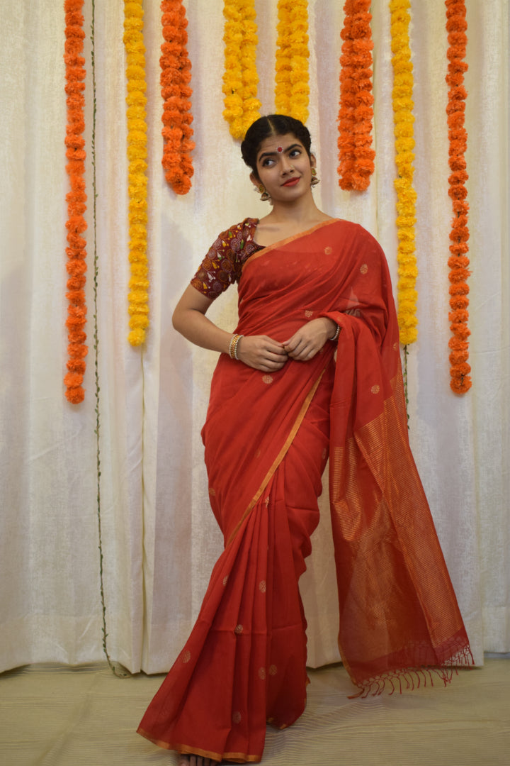 Kaushiki- Red Cotton Jamdani Saree