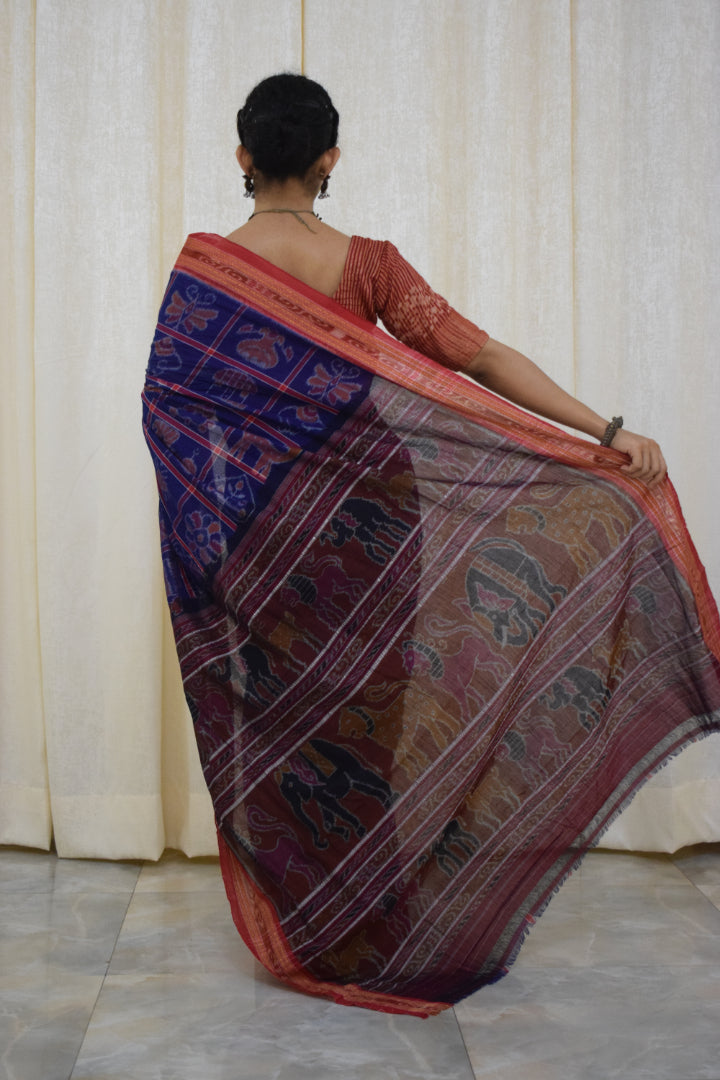 Takshvi: Dark blue Sambalpuri Nabakothi cotton saree