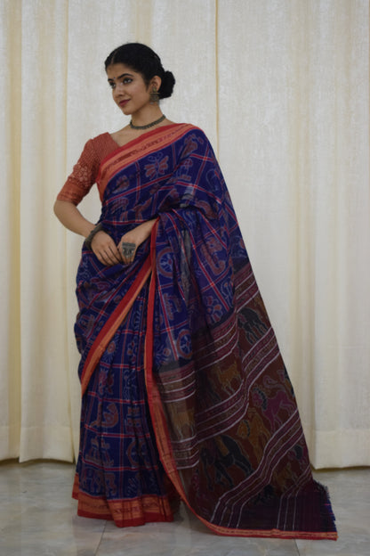 Takshvi: Dark blue Sambalpuri Nabakothi cotton saree