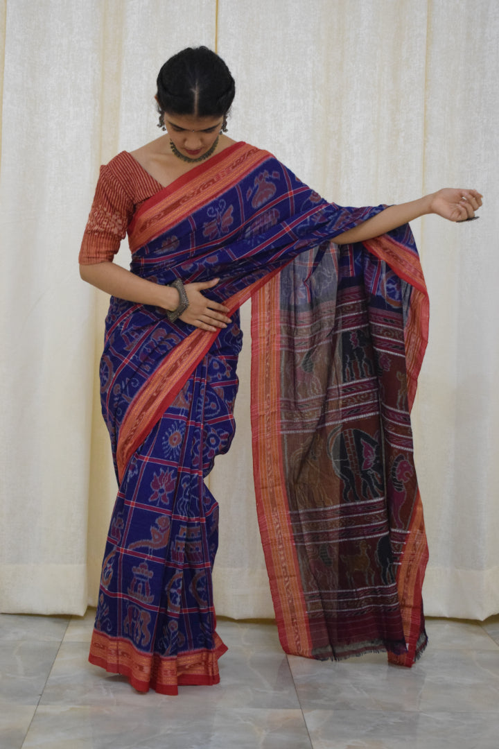 Takshvi: Dark blue Sambalpuri Nabakothi cotton saree