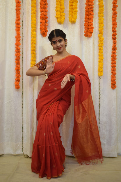 Kaushiki- Red Cotton Jamdani Saree