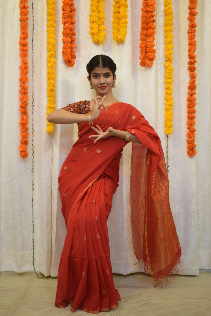 Kaushiki- Red Cotton Jamdani Saree