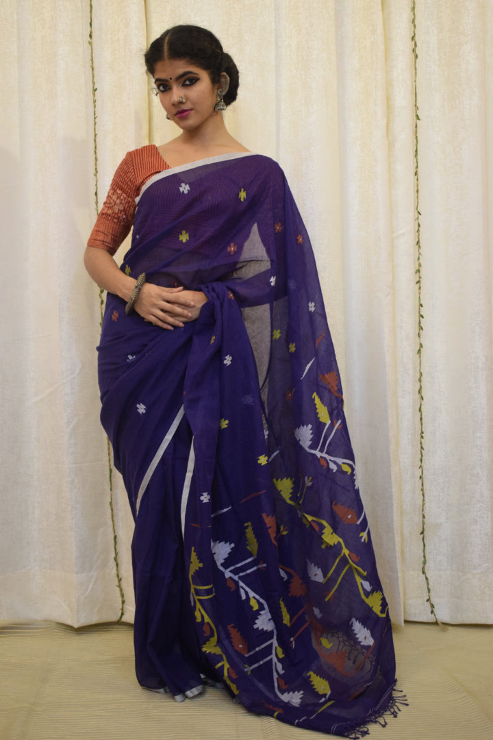 Kamakshi-Violet Cotton Jamdani Saree