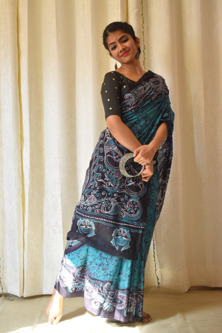 Madhavi: Teal Green Cotton Batik Saree