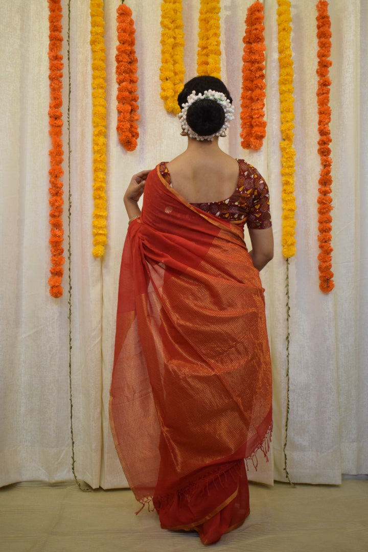 Kaushiki- Red Cotton Jamdani Saree