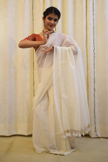 Saraswati: Pearl White Mulmul-Zari Stripes Saree