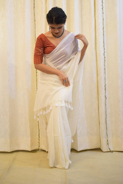 Saraswati: Pearl White Mulmul-Zari Stripes Saree