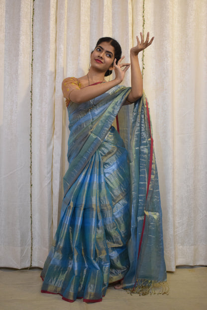 Digambari: Sky Blue Mul-Zari Tissue Saree