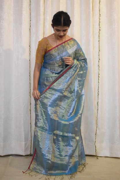 Digambari: Sky Blue Mul-Zari Tissue Saree