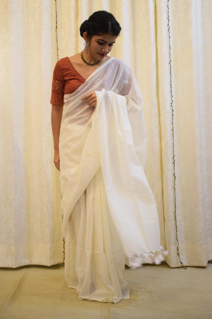 Saraswati: Pearl White Mulmul-Zari Stripes Saree