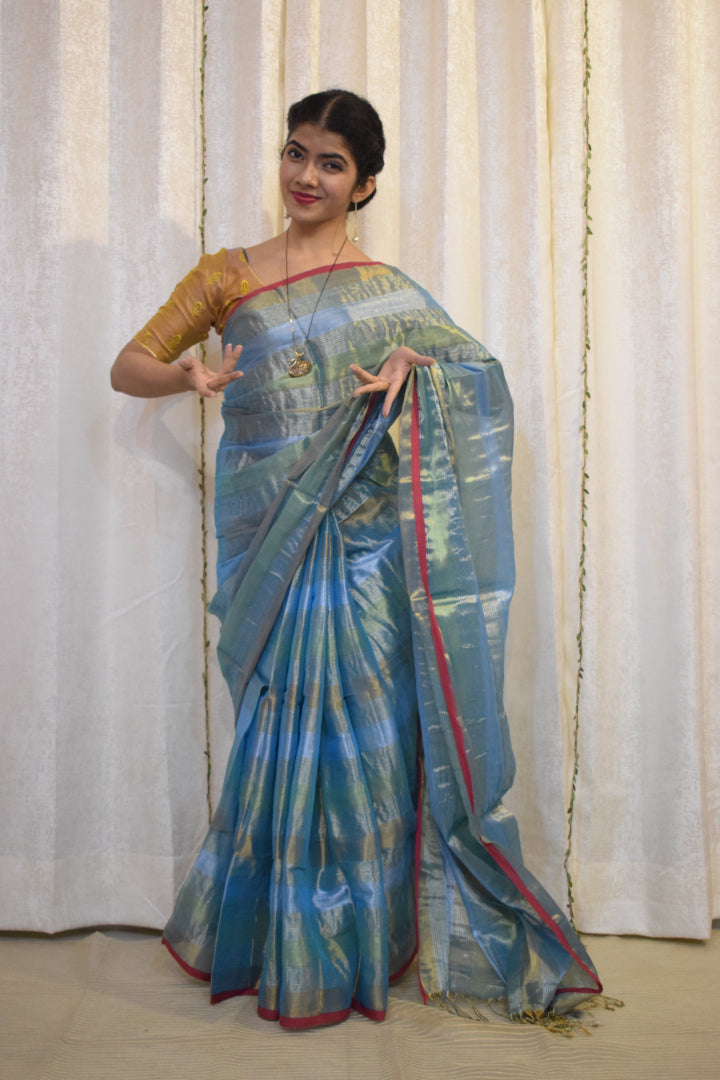 Digambari: Sky Blue Mul-Zari Tissue Saree