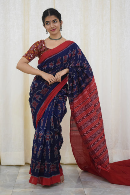 Neelambika: Blue and red sambalpuri cotton saree