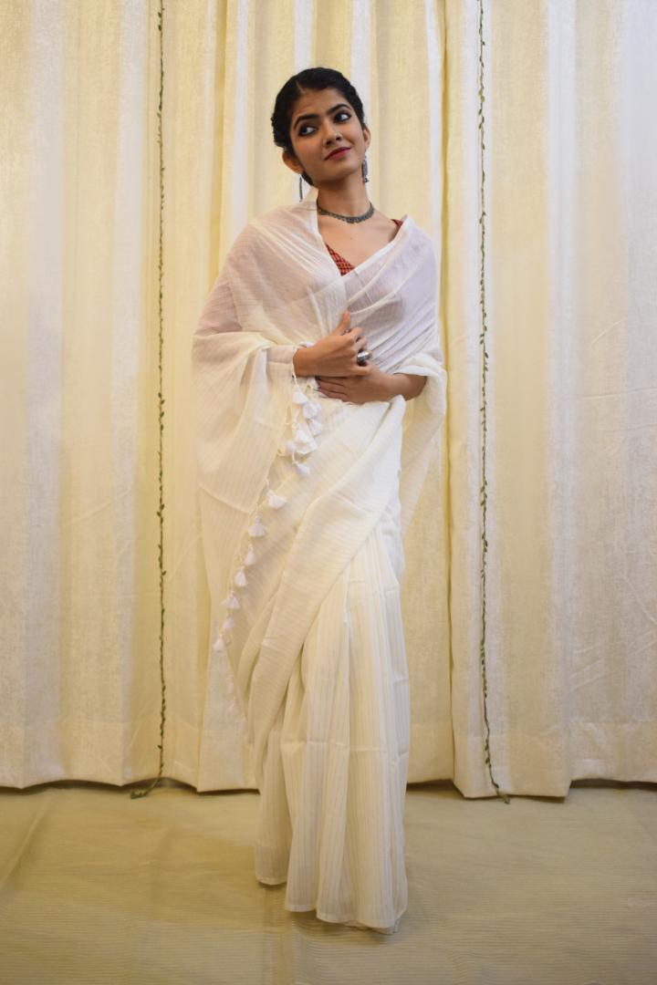 Saraswati: Pearl White Mulmul-Zari Stripes Saree