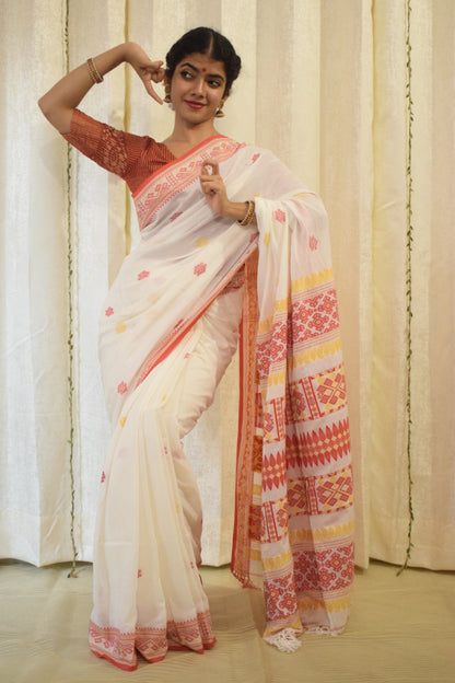 Aloka- White & Red Cotton Assamese Saree