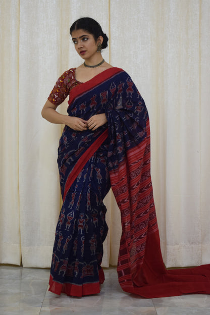 Neelambika: Blue and red sambalpuri cotton saree