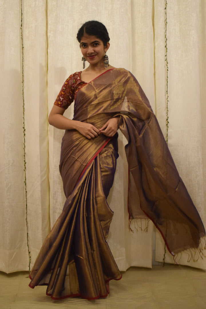 Rukmini : Gold-Lavender Mul-Zari Tissue Saree