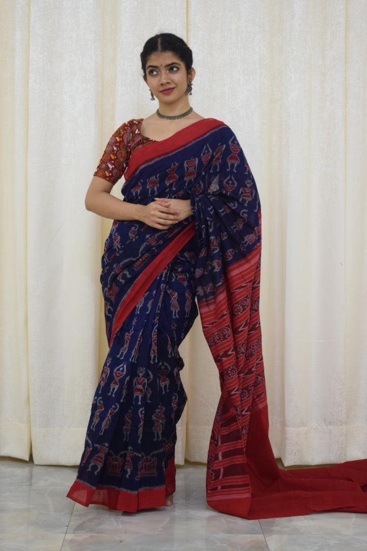 Neelambika: Blue and red sambalpuri cotton saree