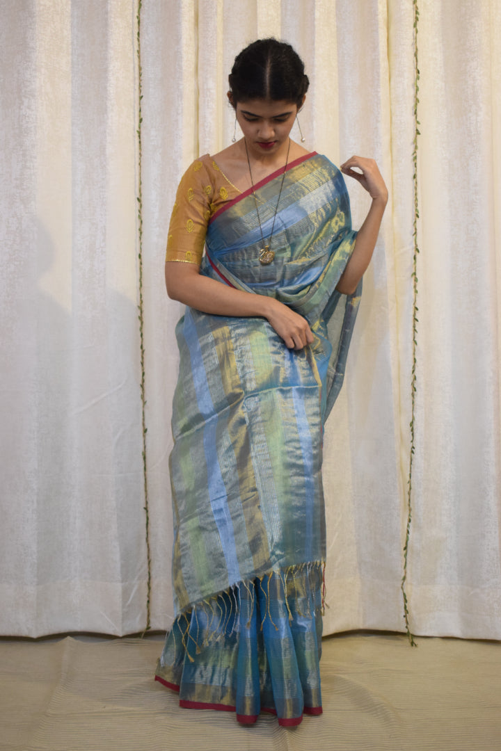 Digambari: Sky Blue Mul-Zari Tissue Saree