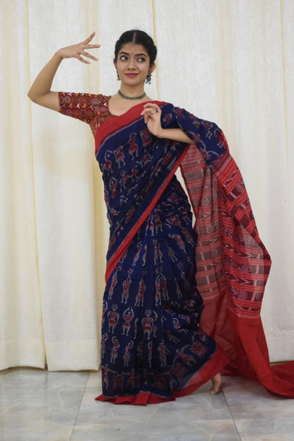 Neelambika: Blue and red sambalpuri cotton saree