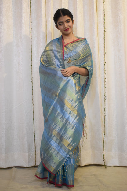 Digambari: Sky Blue Mul-Zari Tissue Saree