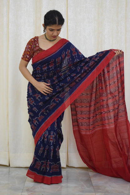 Neelambika: Blue and red sambalpuri cotton saree