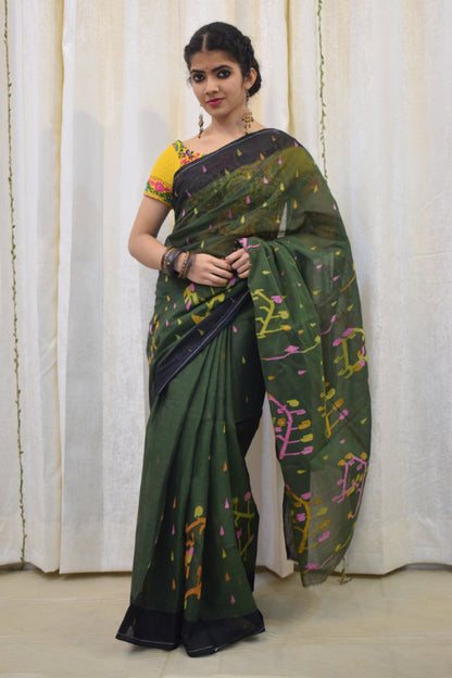 Urvi: Henna Green Khadi Cotton Jamdani Saree